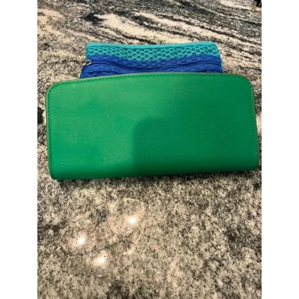 A New Day Green Zip Around Continental Wallet Wristlet‎ and a blue/teal pouch